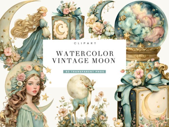 Download Watercolor Vintage Moon Clipart Bundle - Vintage Collection