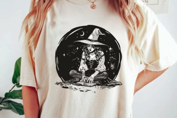 Download Vintage Dark Art Witch Reading Spell Book Celestial Moon Occult Illustration Png - Vintage Collection